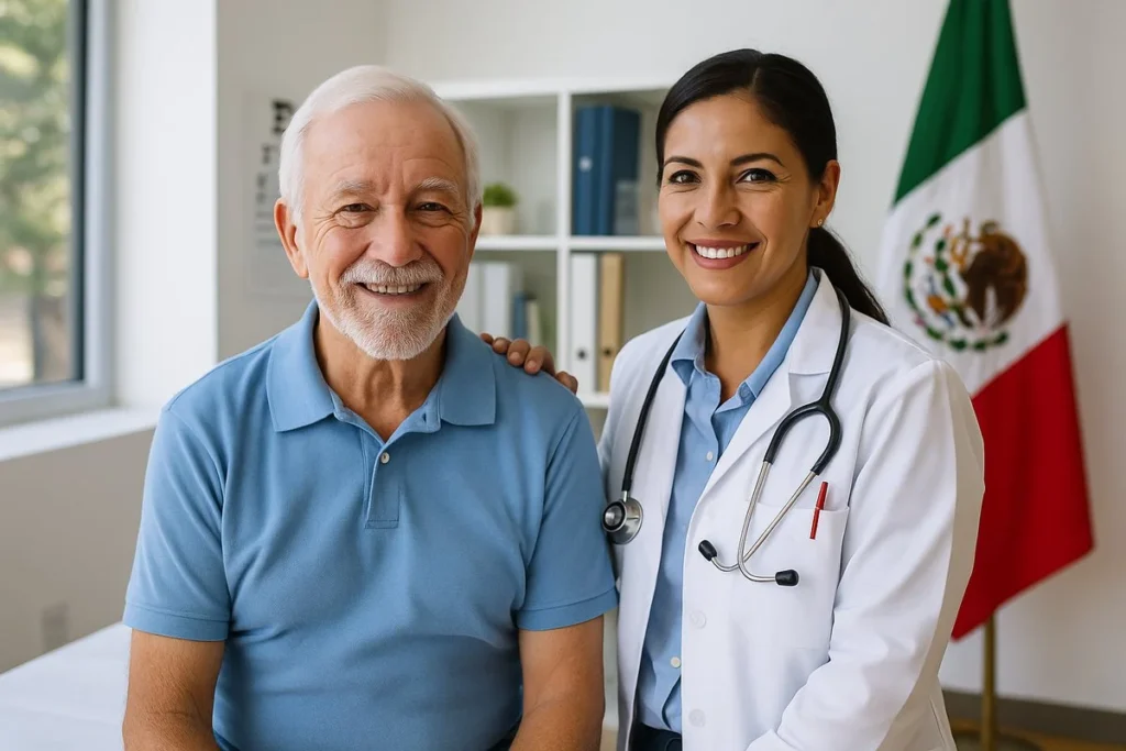 Senior patient and doctor smiling in clinic