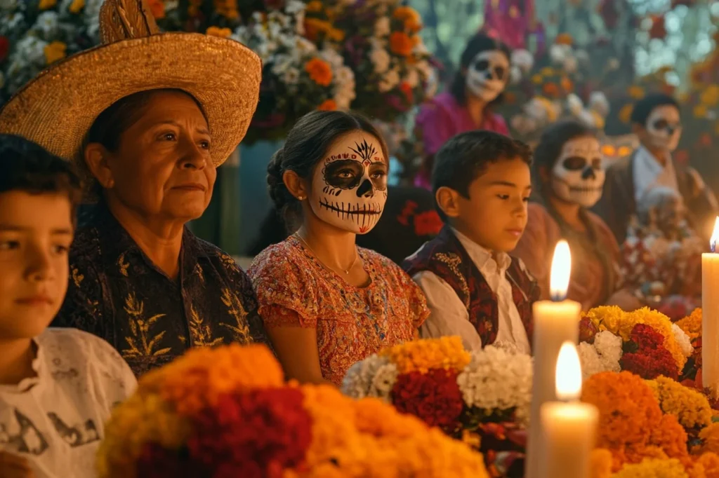 Day of the Dead candles and offerings at night