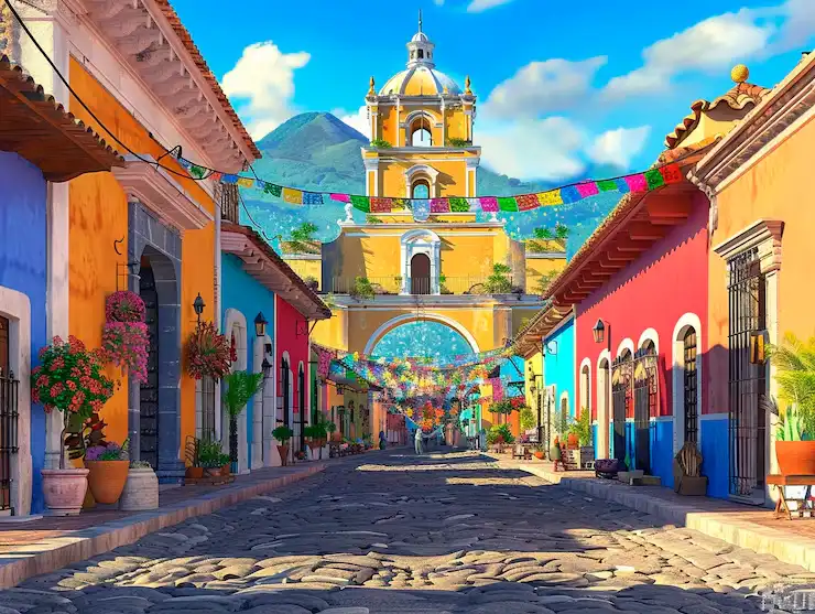 Colorful colonial street with church tower