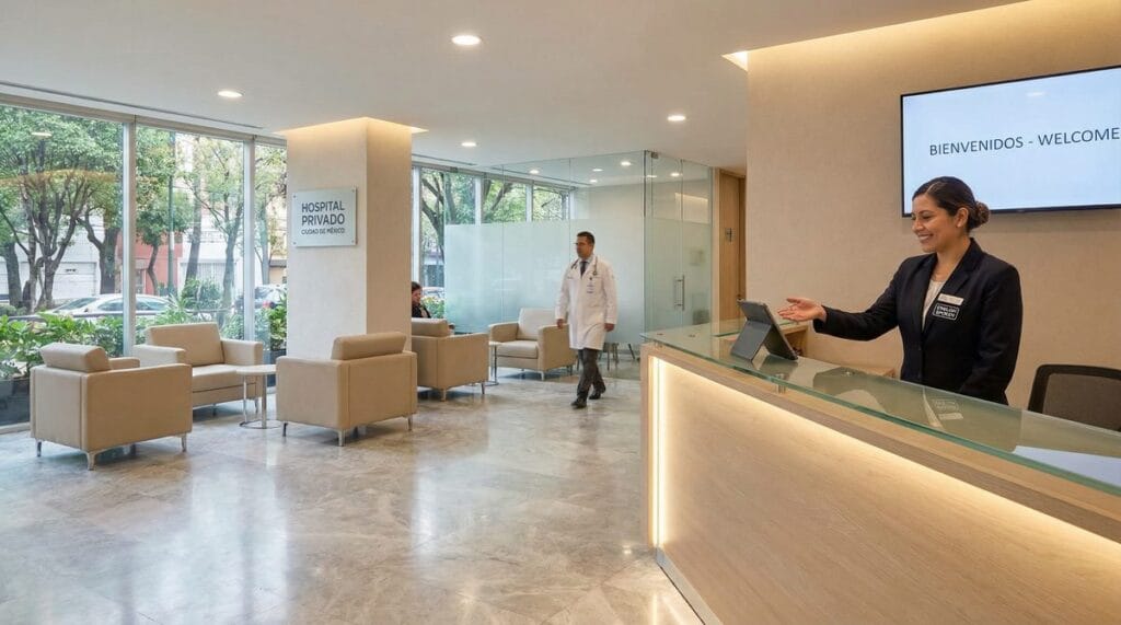 Modern private hospital reception in Mexico City with English-speaking staff and bilingual welcome sign