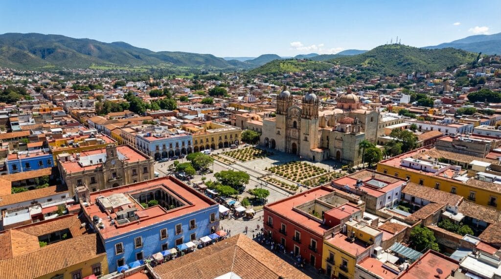 Aerial view of a beautiful Mexican colonial city with colorful buildings, cathedral and mountains