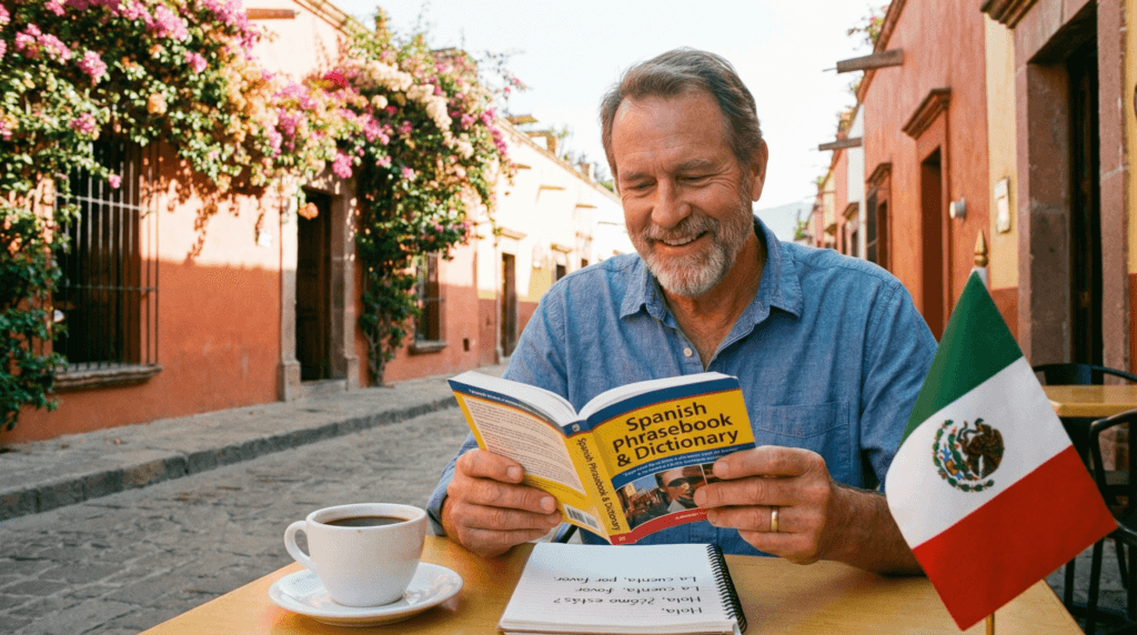 Expat man studying Spanish at a colorful outdoor café in a Mexican colonial town
