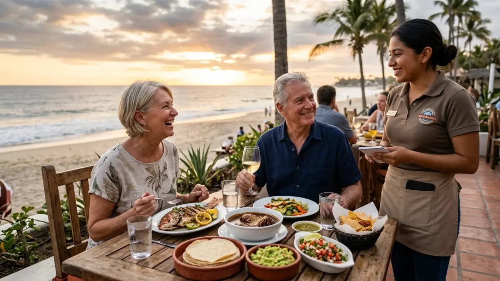 Older couple enjoying Mexican food at a beachside restaurant in Mexico
