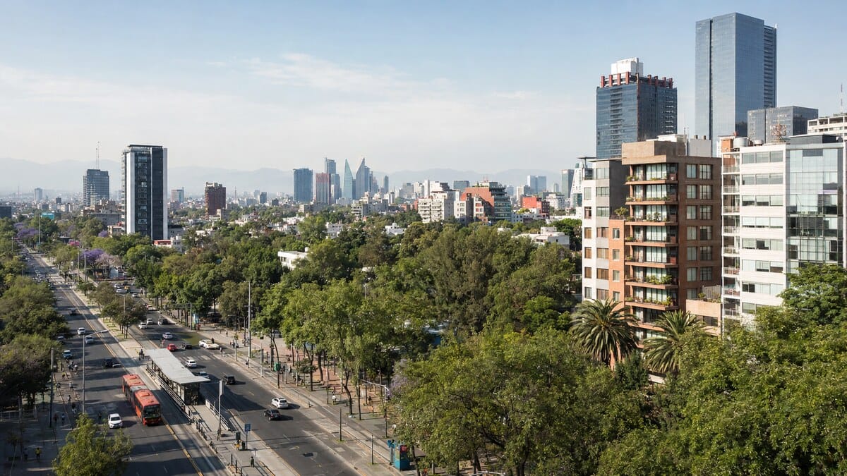Tree-lined neighborhoods, public transit and modern buildings across Mexico City.