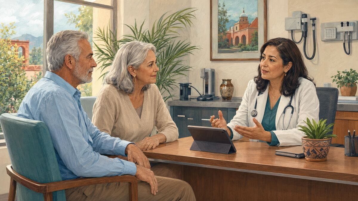 An older expat couple discussing healthcare options with a clinician in a modern Mexican clinic setting.