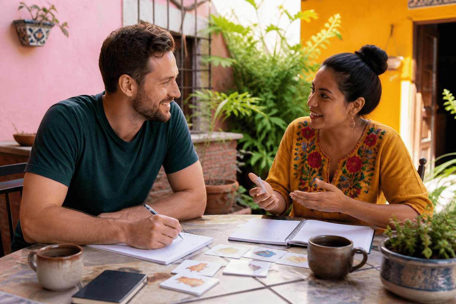 An expat learner practicing Spanish with a local tutor in a sunny Mexican courtyard.