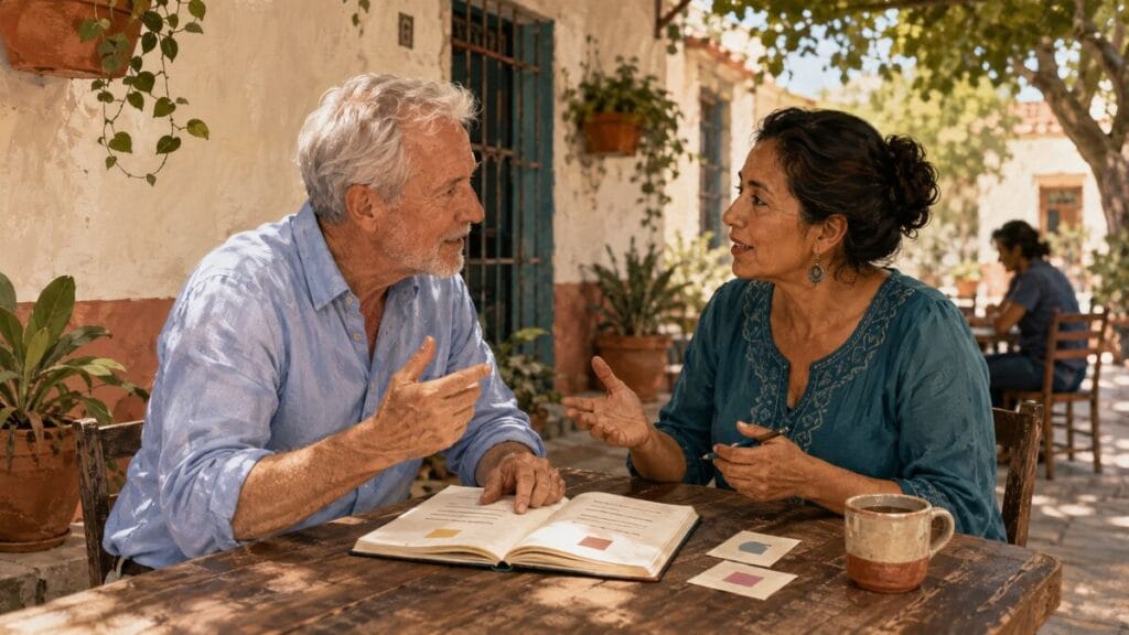 An older expat practicing conversational Spanish with a local tutor in a relaxed Mexican courtyard setting.