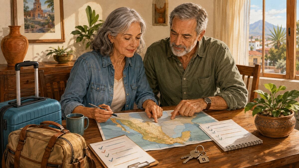 An older expat couple organizing a Mexico relocation plan with a map, luggage, and a simple checklist.