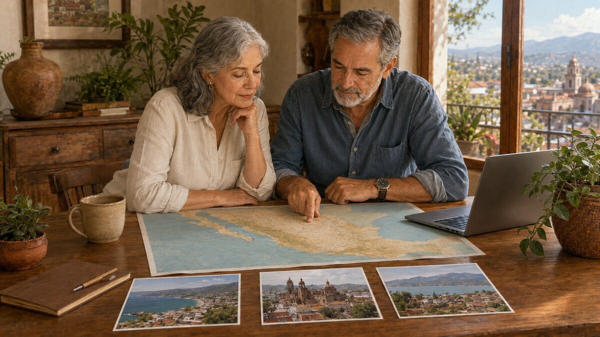 An older couple comparing Mexico relocation options using a map and three regional destination views.