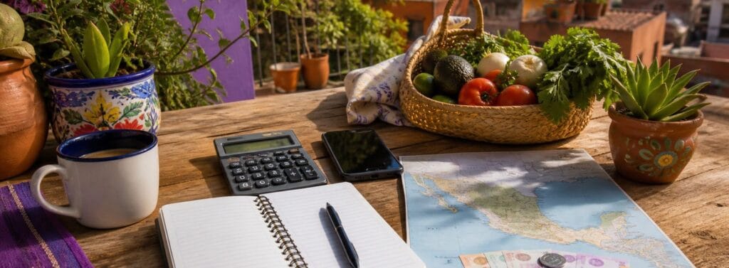 Mexico cost of living planning with budget notebook, calculator, map, and market produce