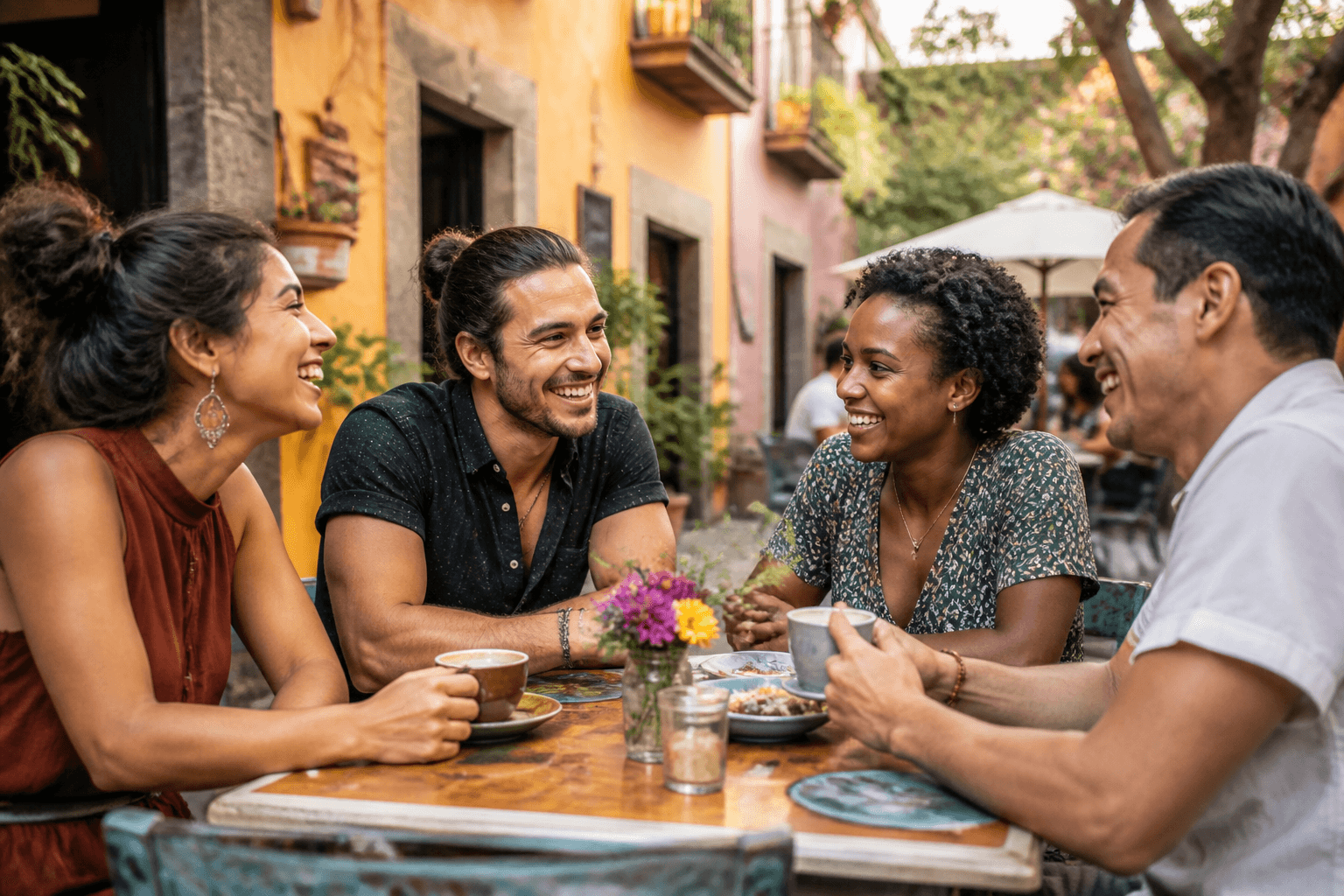 A friendly group of adults socializing at an outdoor cafe in Mexico.