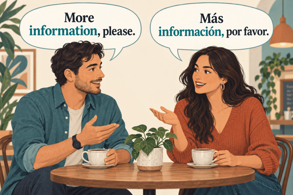 Illustration of two adults at a café saying “More information, please” and “Más información, por favor,” with information and información highlighted.